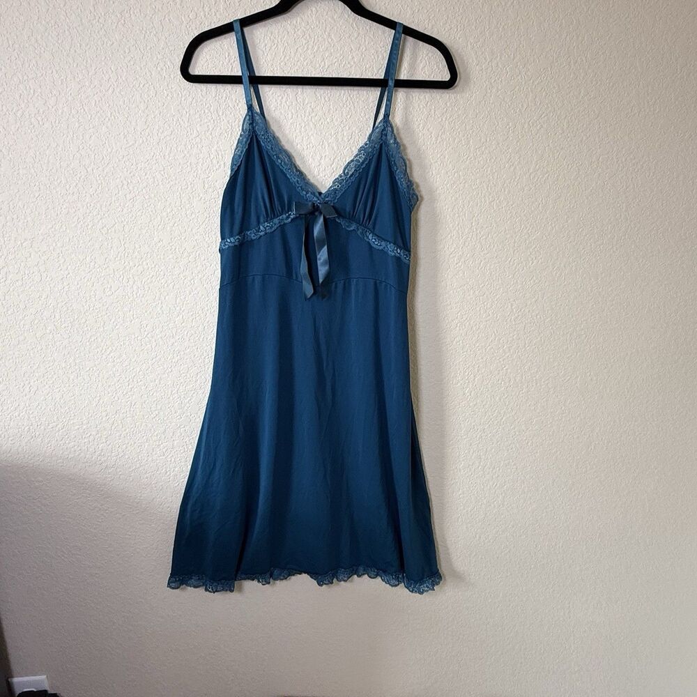 Women's Teal Y2K Babydoll Slip Dress Lace Trim Bow Coquette‎ Romantic Sz S